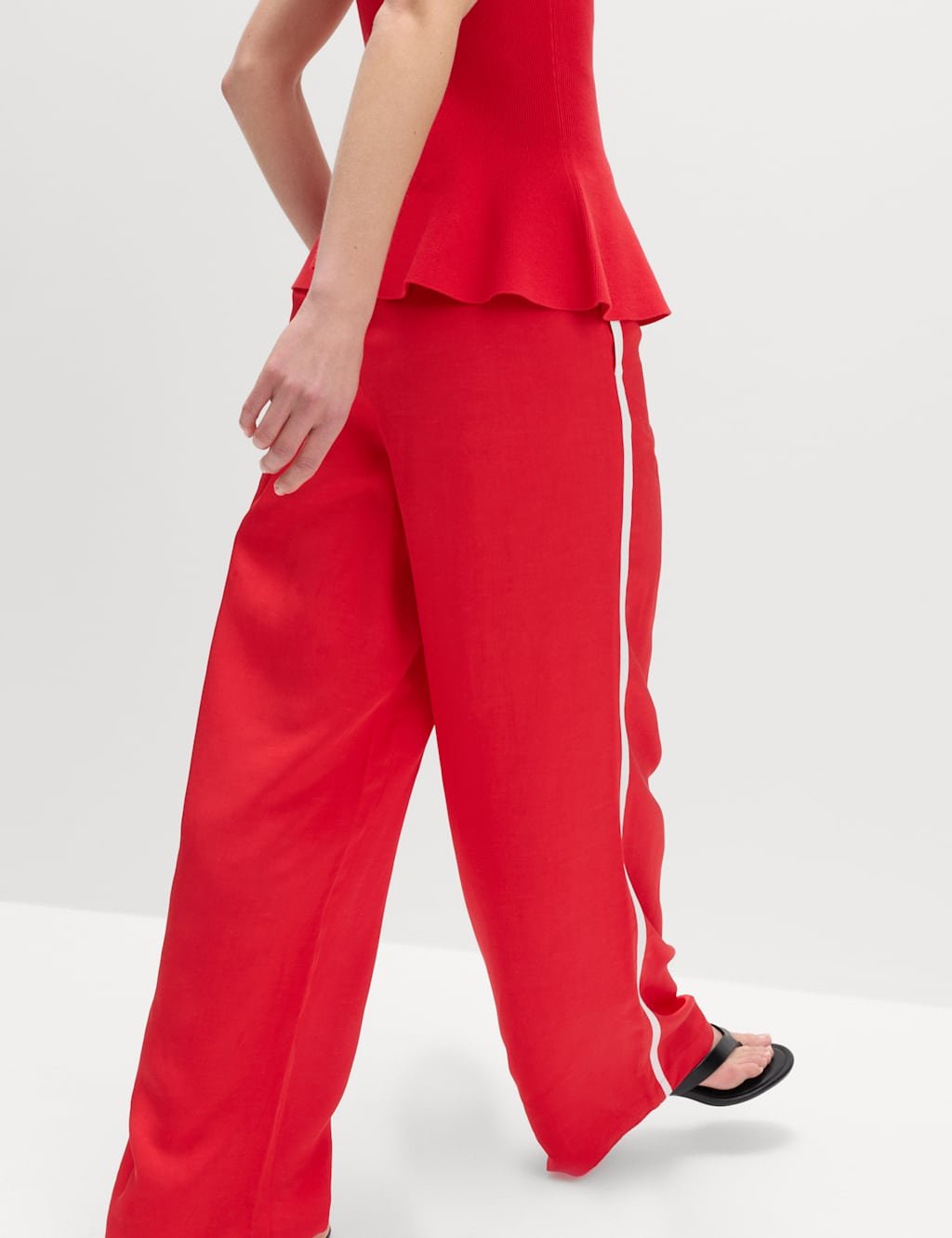 Marks & Spencer M&S Side Stripe Wide Leg Trousers with Linen Red Mix - 3