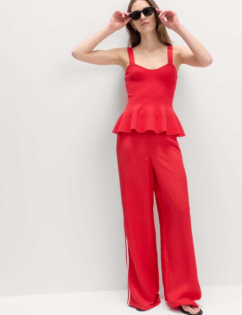 Marks & Spencer M&S Side Stripe Wide Leg Trousers with Linen Red Mix - 4