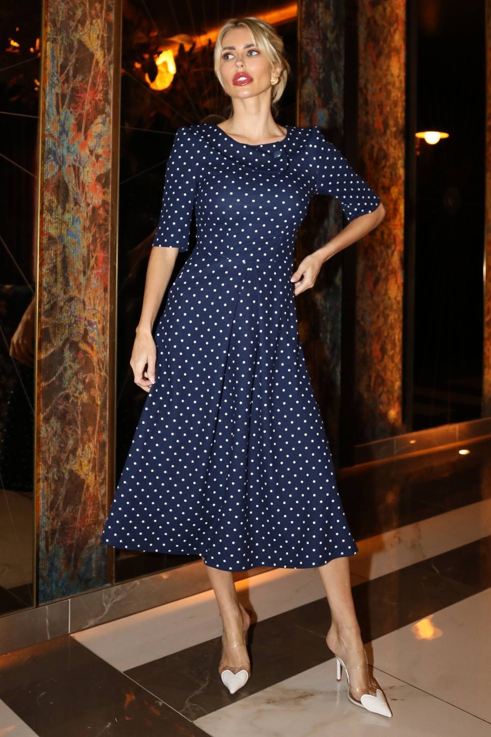 Jolie Moi Jolie Moi Women's Printed Scuba Fold Collar Midi Dress in Navy - 4