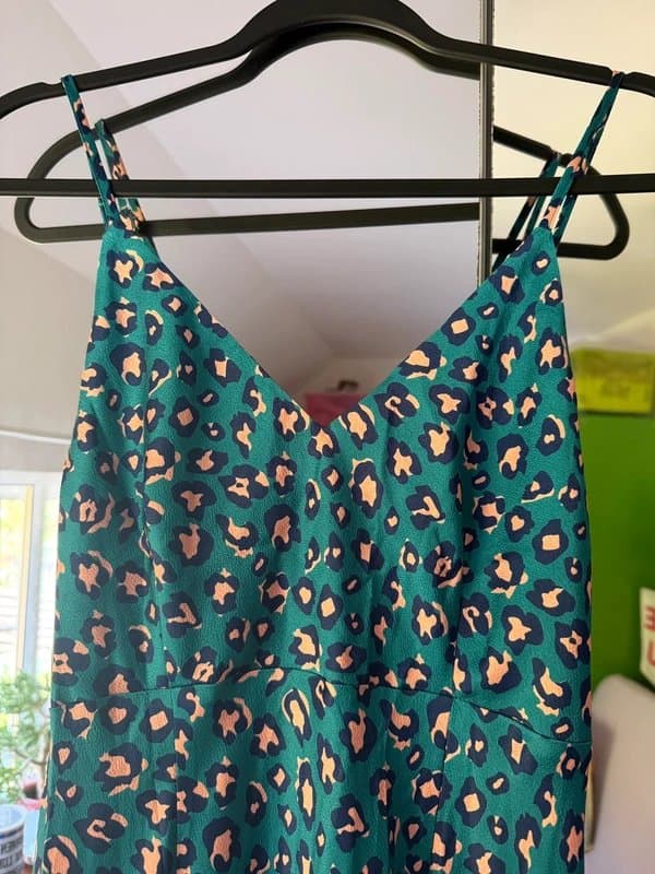 Never Fully Dressed Never Fully Dressed senorita leopard print green turquoise peach dress with frill detail size M
