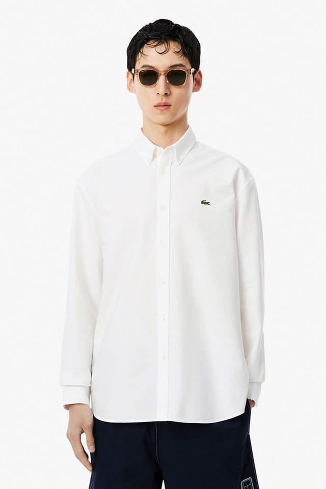 Lacoste Lacoste Men's Long Sleeve Oxford Shirt White/White in White - 2