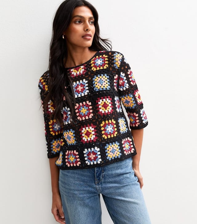Sunshine Soul Women's Black Crochet Patchwork Pattern Jumper Sunshine Soul New Look - 2