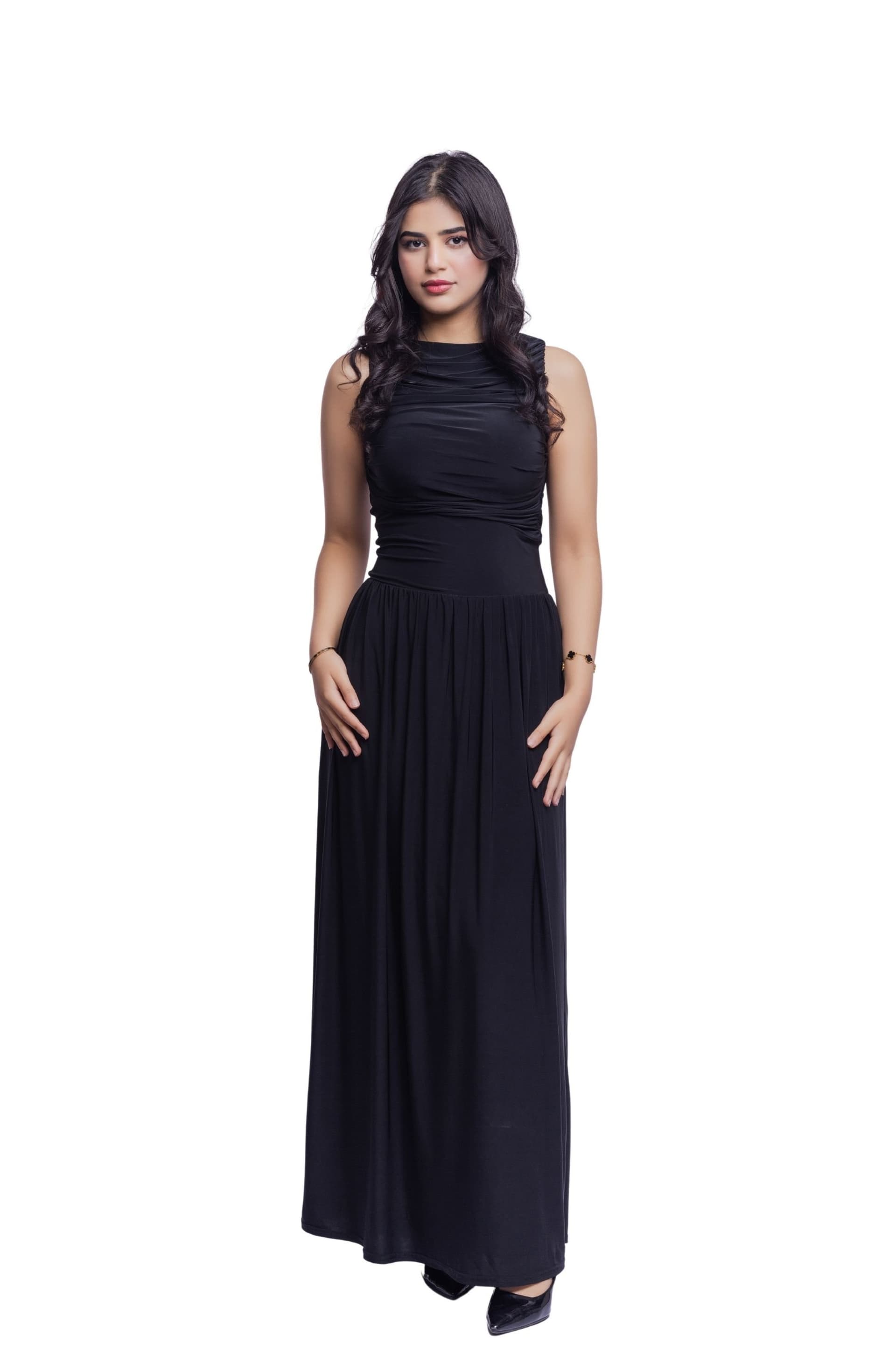 AVINCI AVINCI Women's BLACK DRAPED BODICE JERSEY FLOWY SKIRT STYLE EVENING DRESS