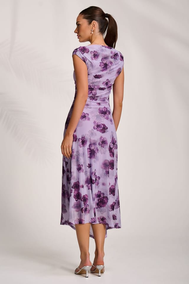 Jolie Moi Jolie Moi Women's Asymmetric Draped Mesh Midaxi Dress in Purple - 2