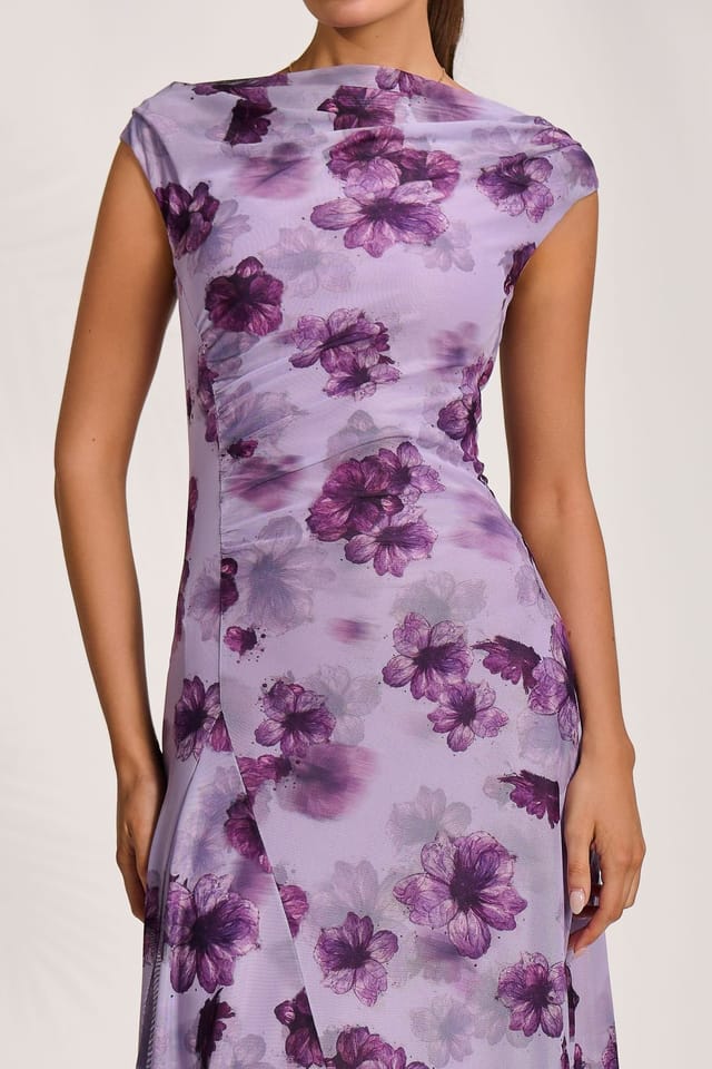 Jolie Moi Jolie Moi Women's Asymmetric Draped Mesh Midaxi Dress in Purple - 3
