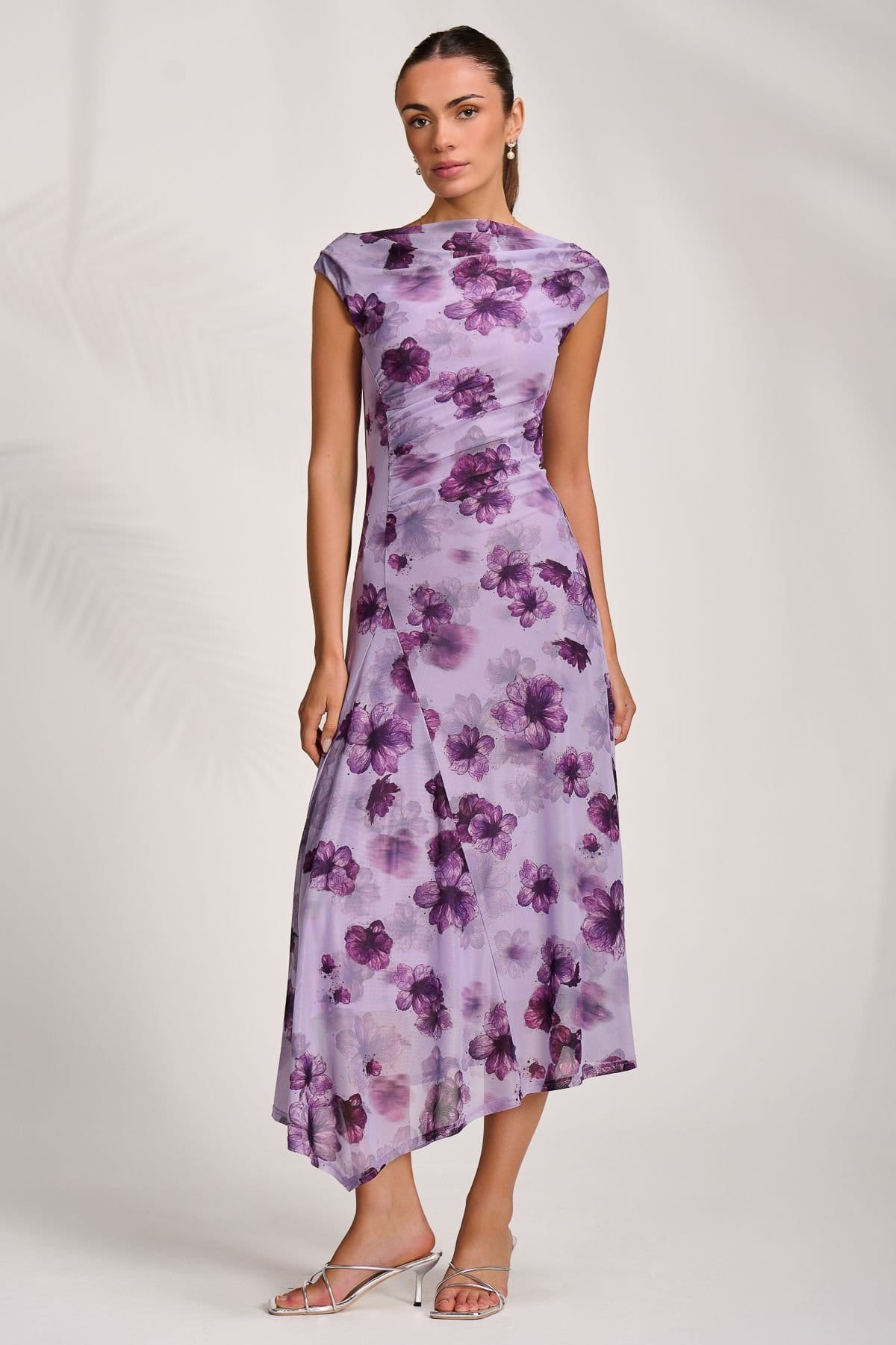 Jolie Moi Jolie Moi Women's Asymmetric Draped Mesh Midaxi Dress in Purple - 4