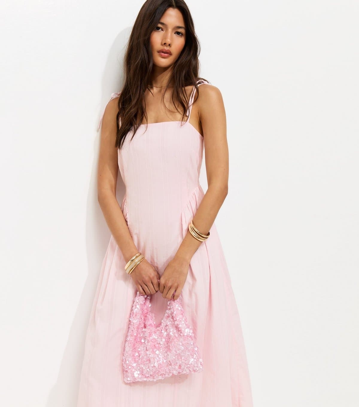 New Look Women's Light Pink Cotton Cami Strap Corset Ruched Hip Midi Dress New Look