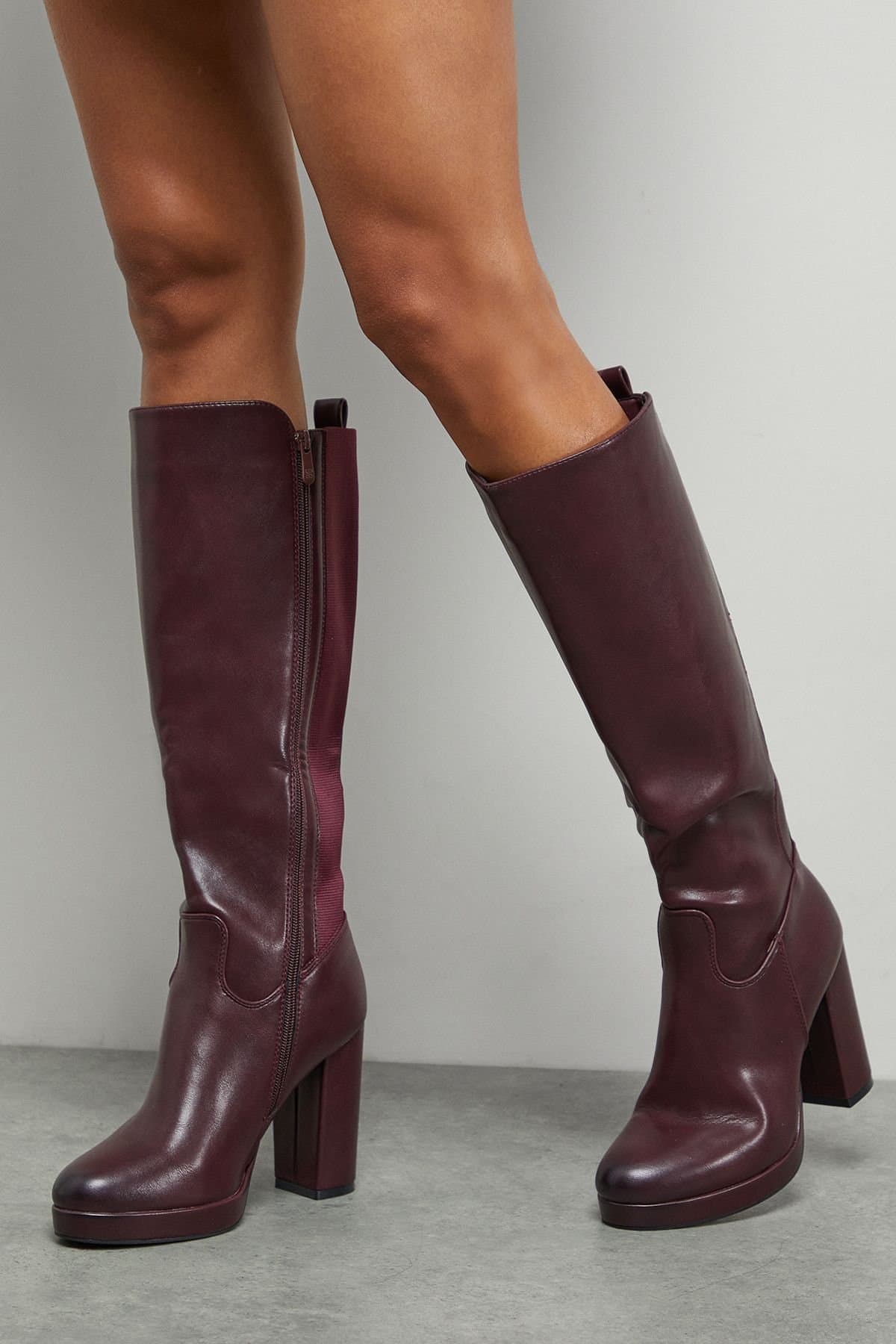 Faith Faith Women's : Keira Faux Leather Platform High Block heel Knee Boots in Burgundy