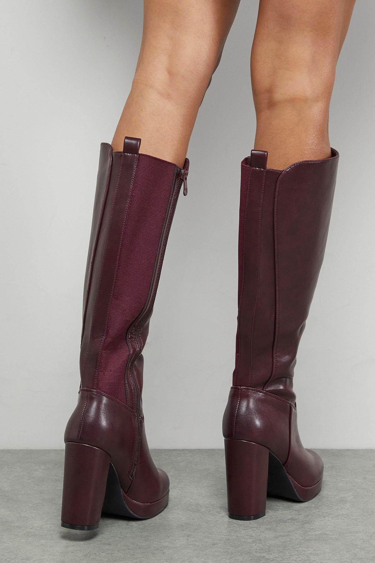 Faith Faith Women's : Keira Faux Leather Platform High Block heel Knee Boots in Burgundy - 4