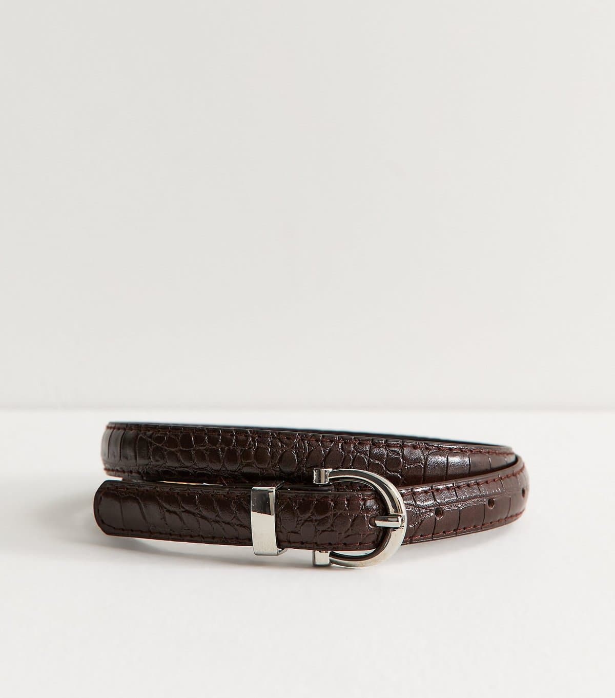 New Look New Look Dark Brown Faux Leather Croc Embossed Skinny Belt