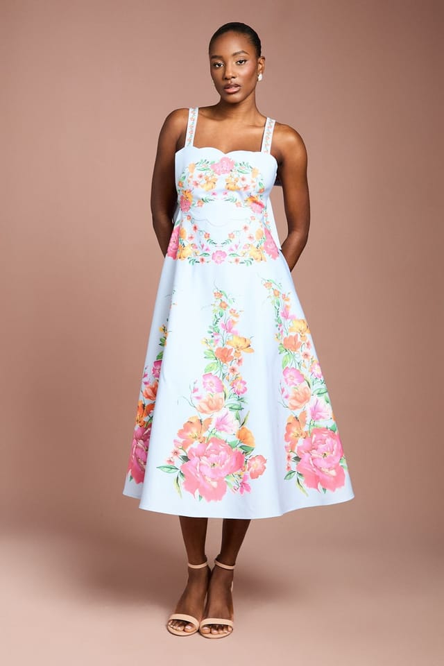 Coast Coast Women's Square Neck Floral Placement Print Full Skirted Cotton Dress in Pale Blue - 2