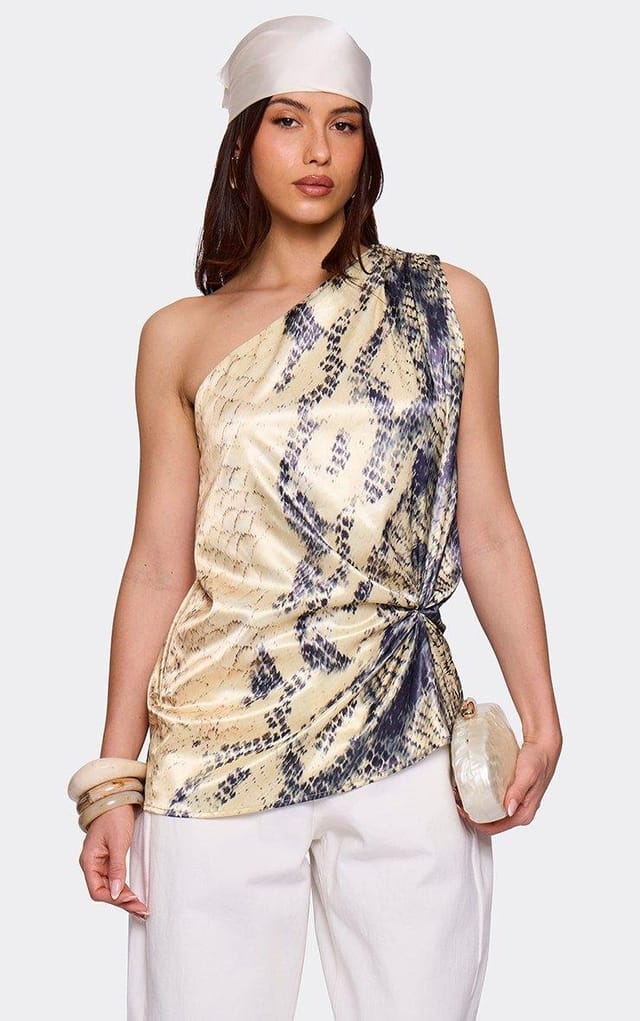EGO One Shoulder Knotted Detail Top In Yellow Printed Satin, Women's Size UK 6 - 2