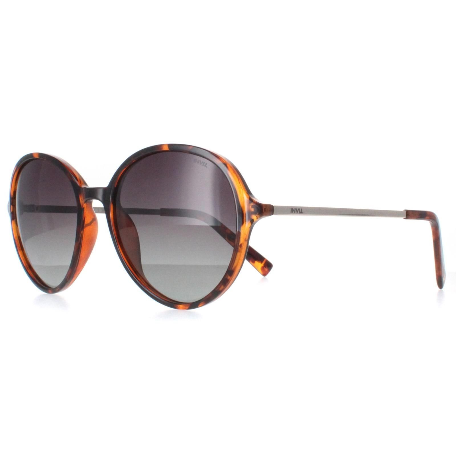 INVU INVU Women's Round Demi Tortoise Brown Gold Grey Polarized B2135 - 2