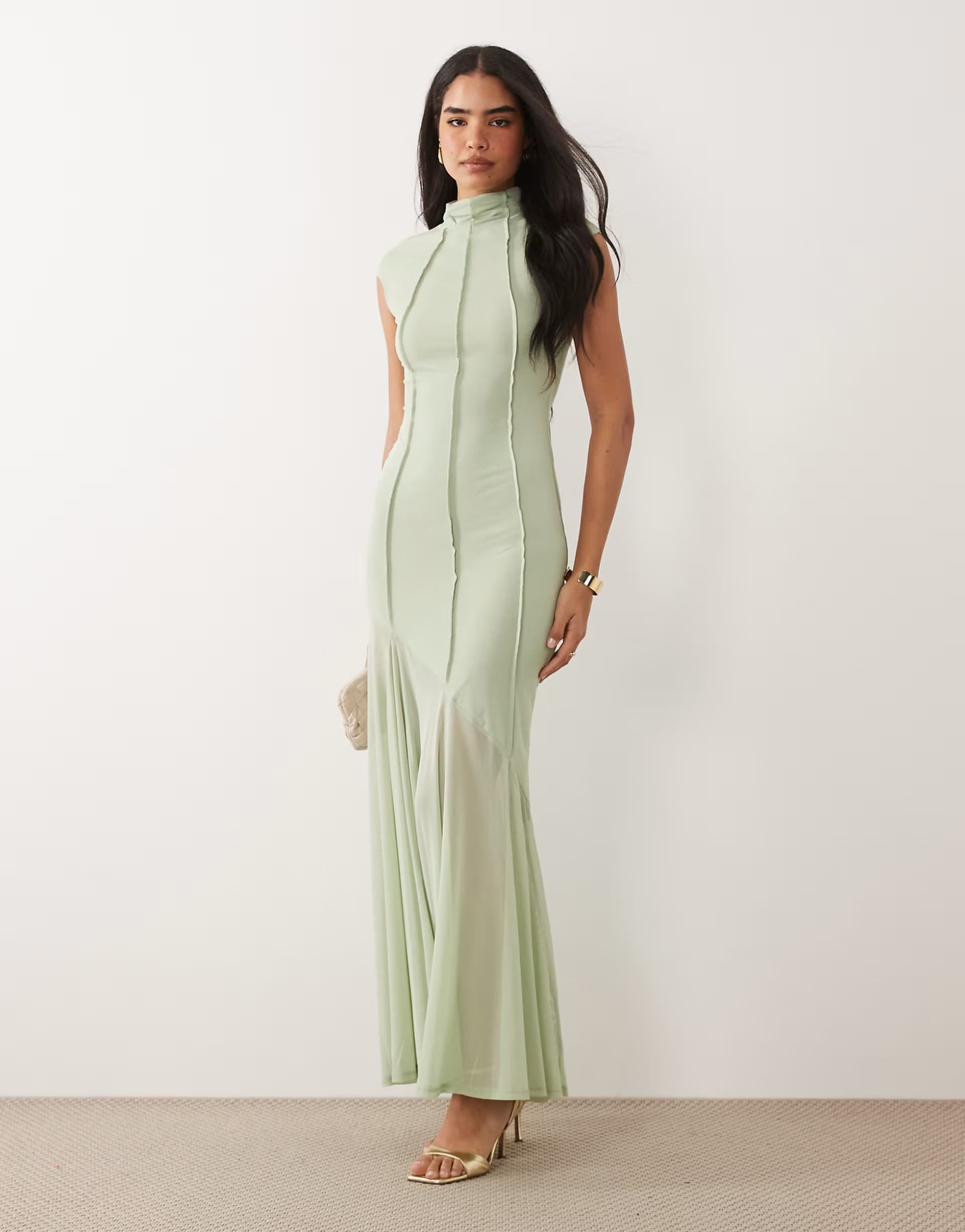 ASOS ASOS DESIGN mesh high neck maxi dress with exposed contour seam detail in sage green