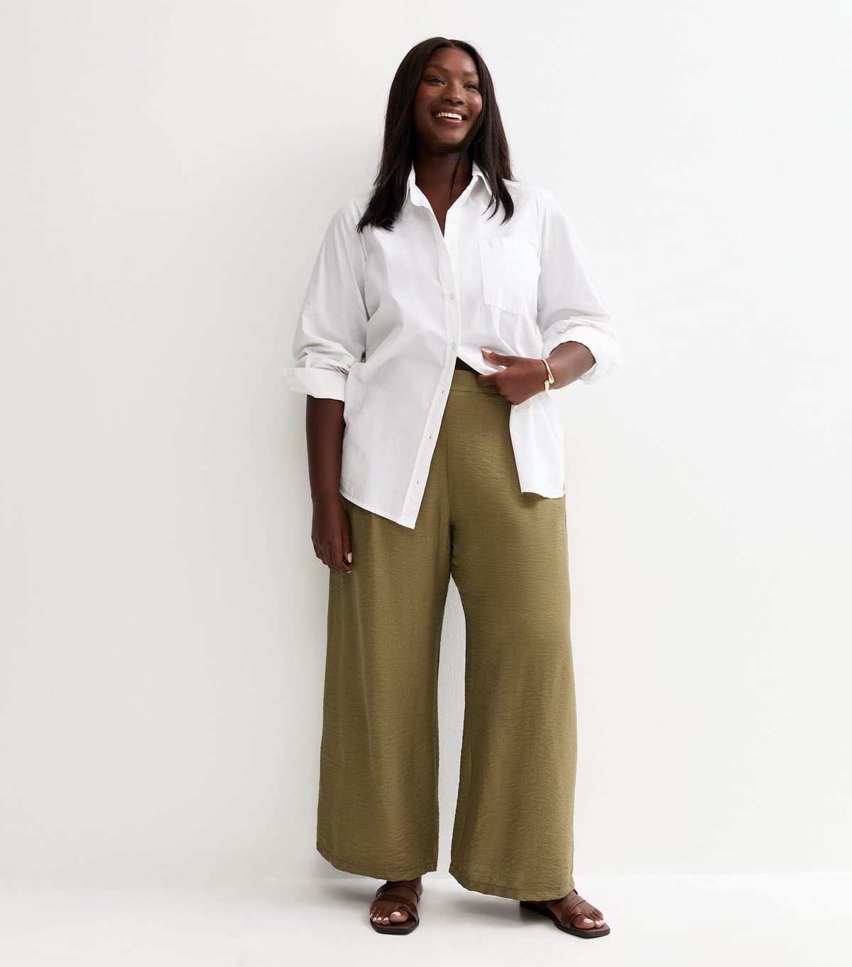 New Look New Look Khaki Crinkle Texture Wide Leg Trousers