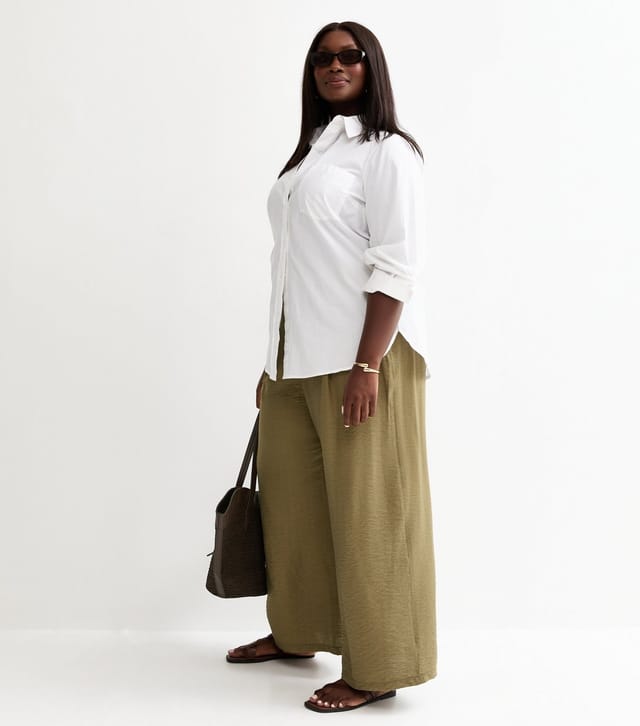 New Look Women's Plus Size Dark Khaki Crinkle Texture Pull On Wide Leg Trousers Curves New Look - 3
