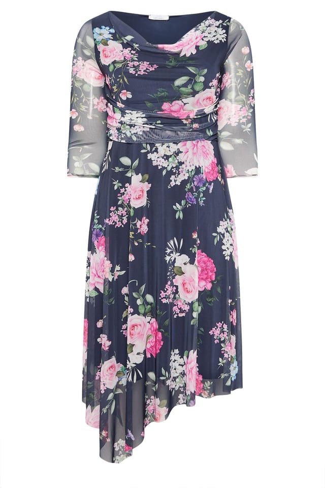 Yours Yours Women's Floral Asymmetric Dress in Mid Navy - 2