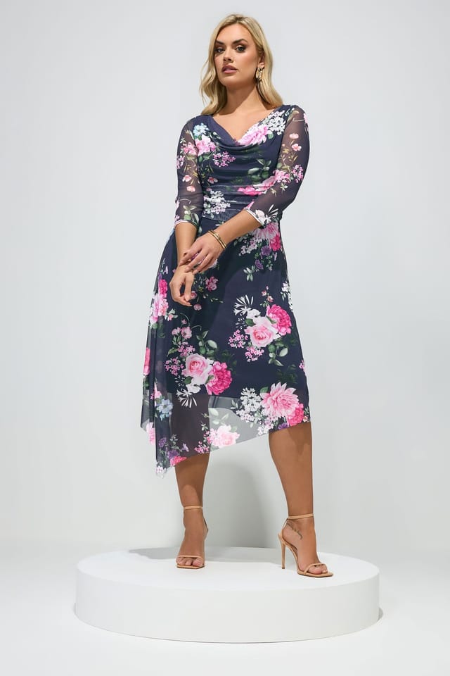 Yours Yours Women's Floral Asymmetric Dress in Mid Navy - 3