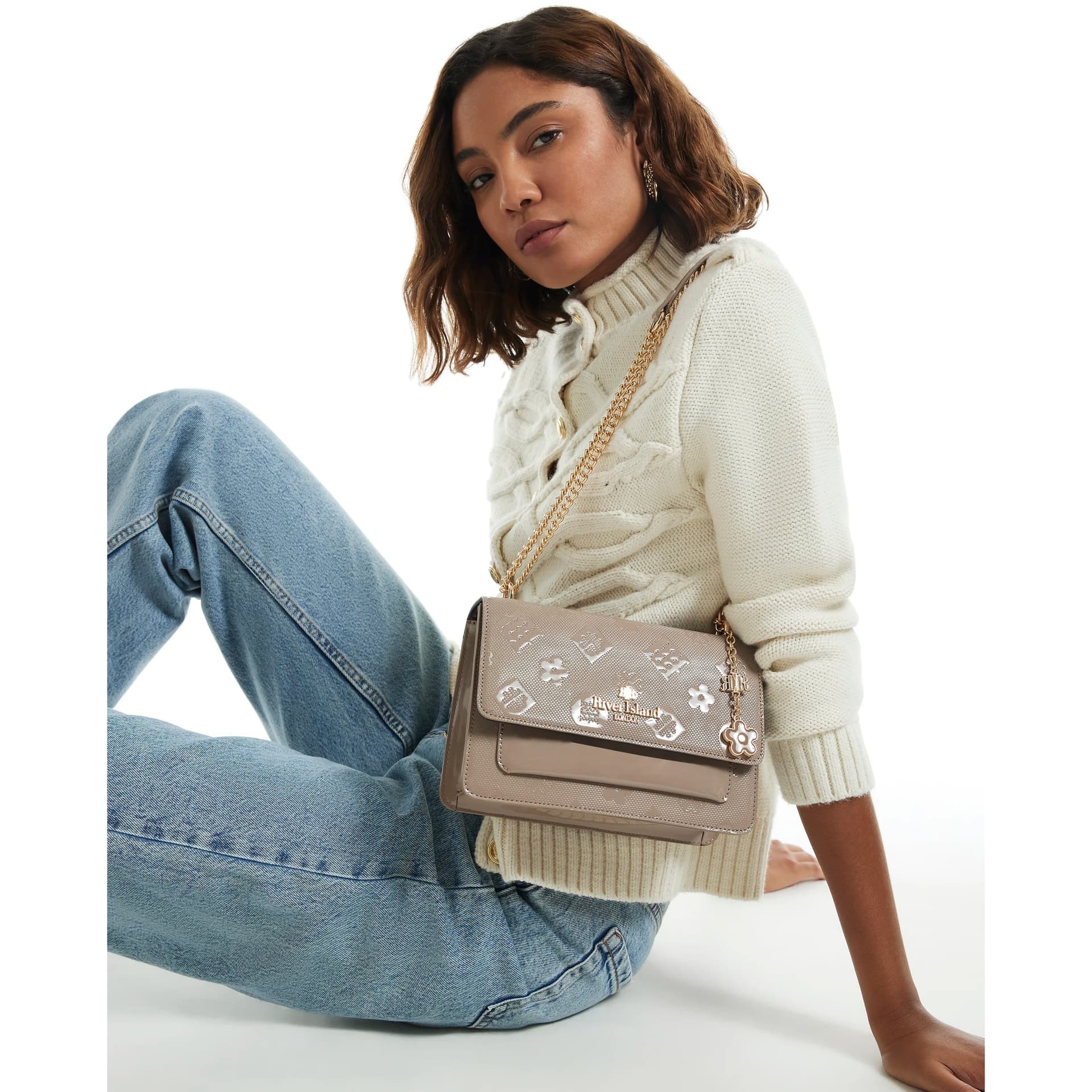 River Island River Island Womens Beige Patent Embossed Pocket Shoulder Bag