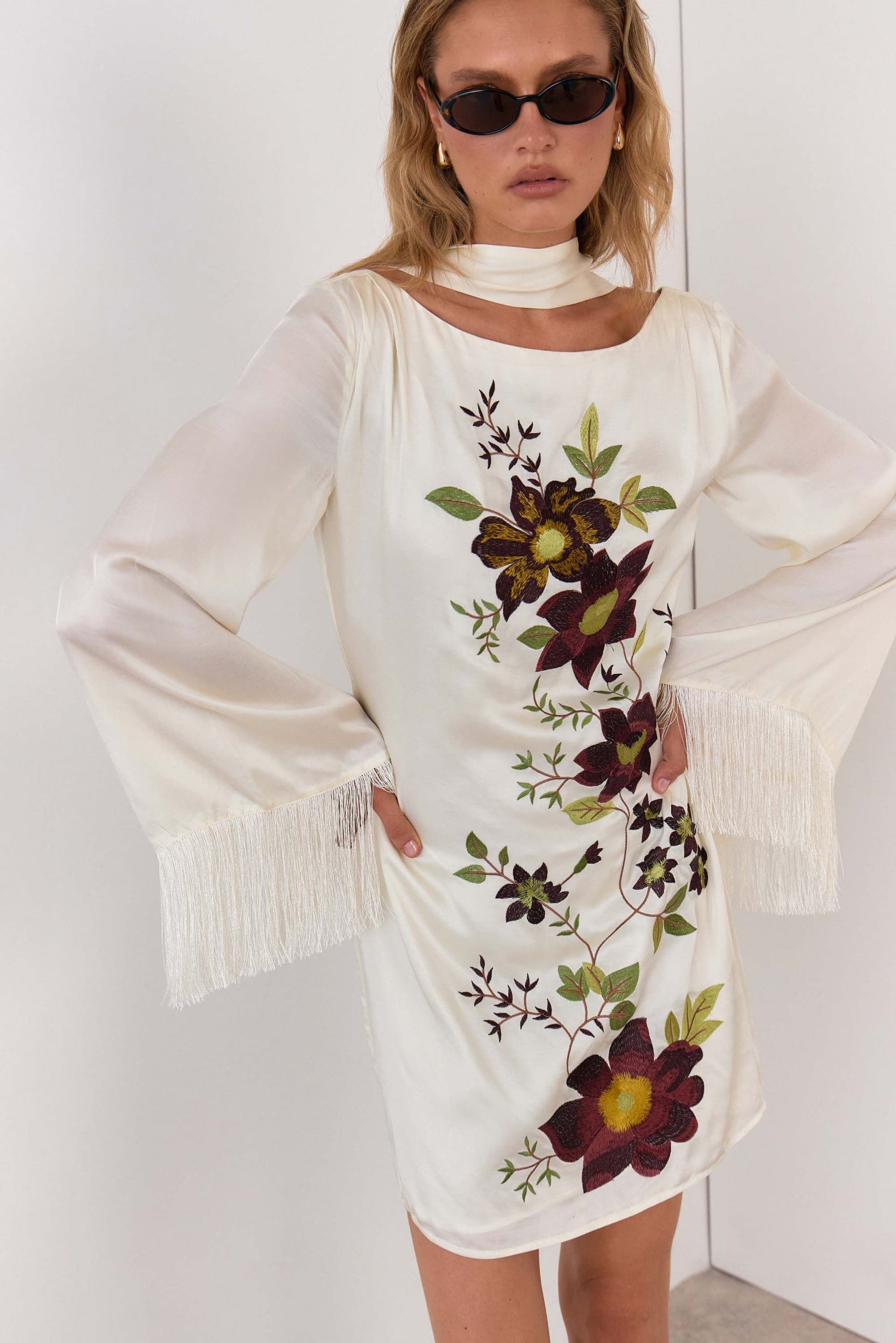 Warehouse Warehouse Women's Premium Embroidered Fringed Scarf Detail Mini Dress in Ivory