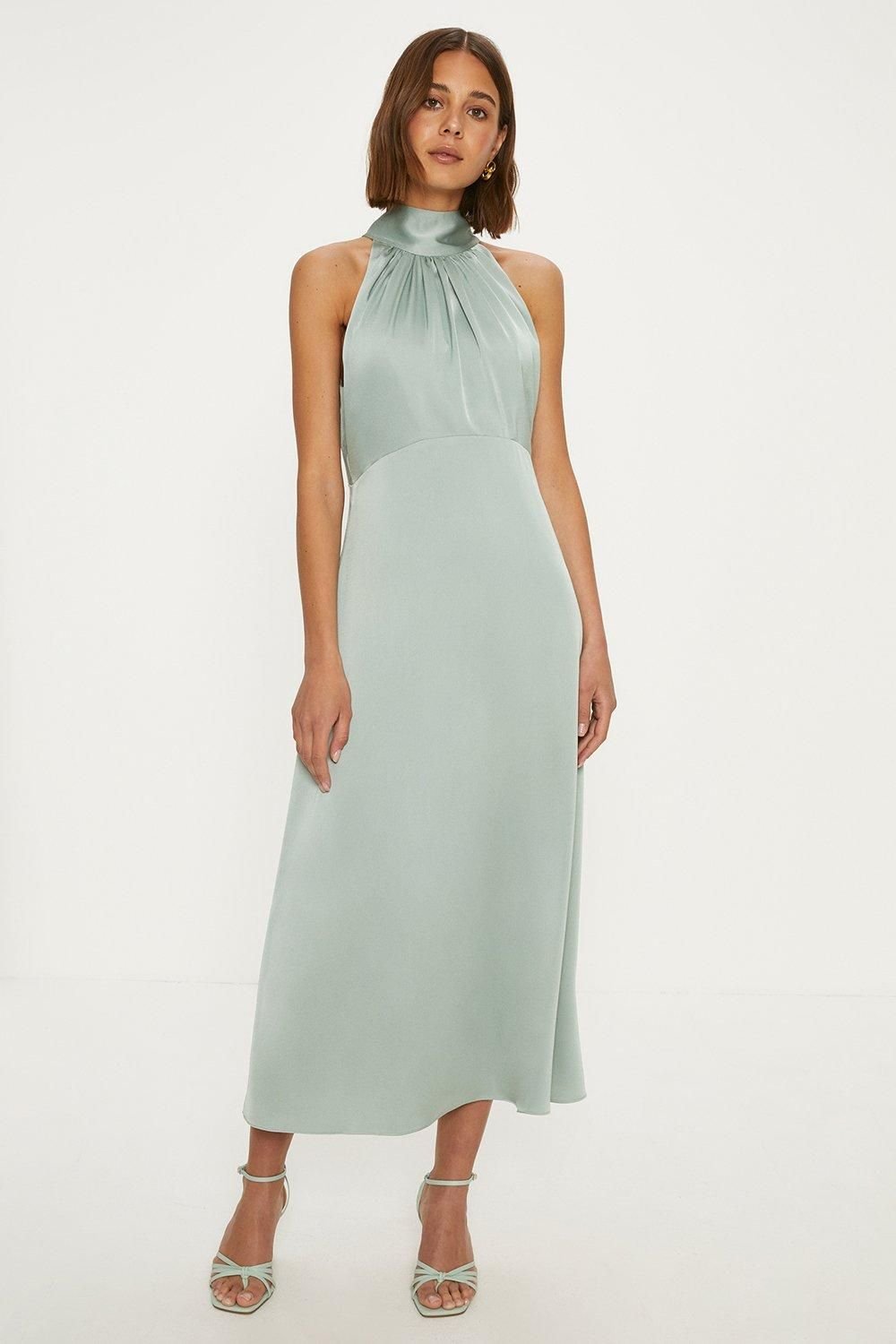Oasis Oasis Women's Satin Halter Neck Midi Bridesmaid Dress in Sage - 2