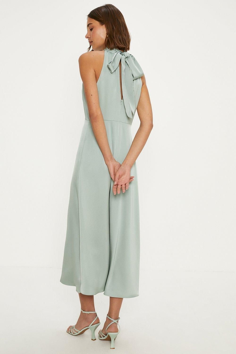 Oasis Oasis Women's Satin Halter Neck Midi Bridesmaid Dress in Sage - 3