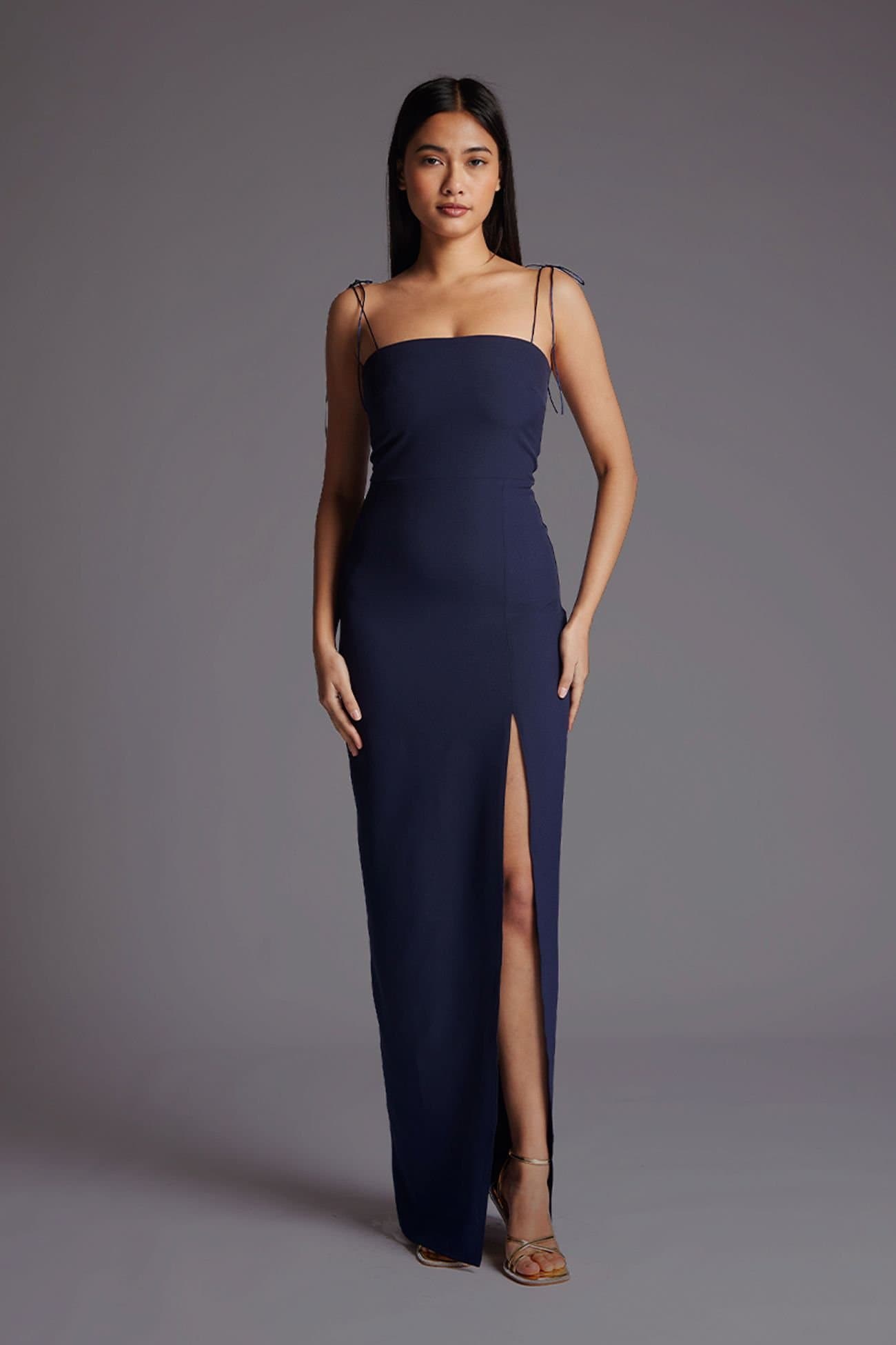 Vesper Vesper Women's Strappy Maxi Dress with Thigh Split in Navy