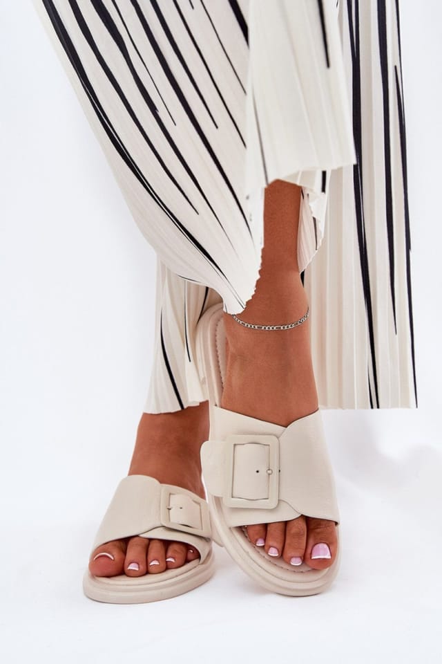 Love Lace Love Lace Women's Elegant Flat Sandals with Large Front Buckle Comfort in Beige - 3