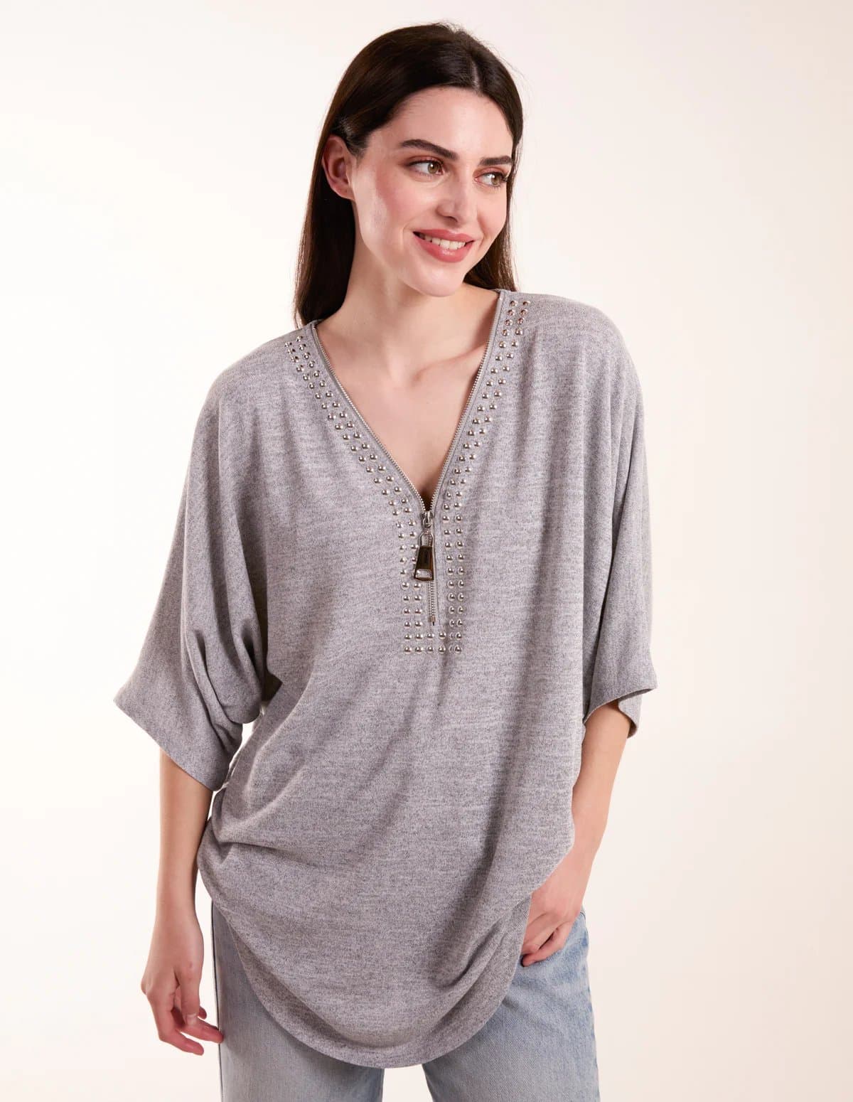 Blue Vanilla Studded Half Zip Front Top