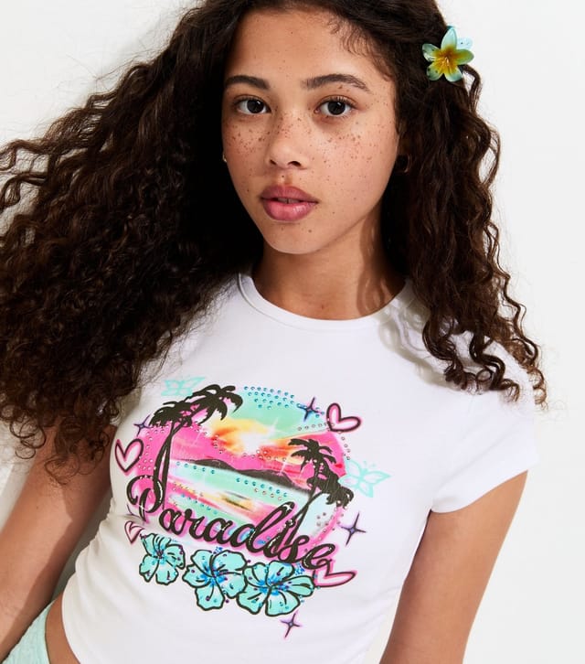 New Look Girls' White Ruched Paradise Graphic Baby Tee New Look - 2