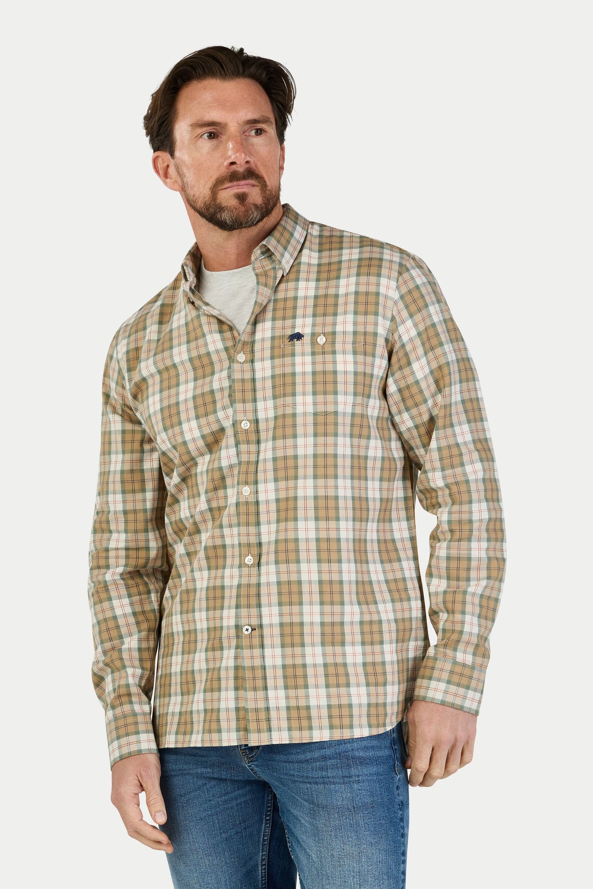 raging bull Raging Bull Men's Long Sleeve Suffolk Check Twill Shirt in Tan
