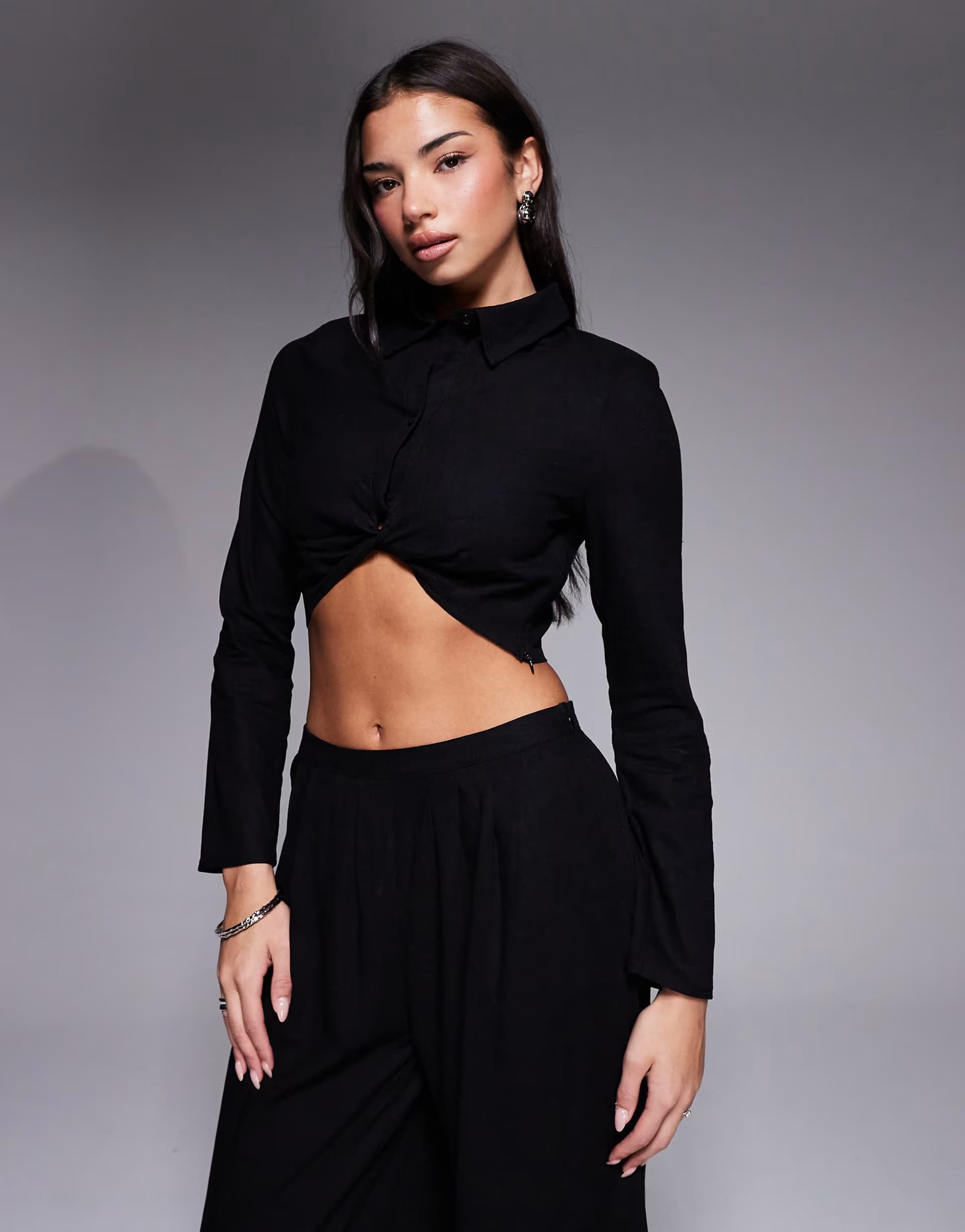 ASOS Kaiia exclusive cotton rich structured shoulder detail cropped long sleeve shirt co-ord in black  