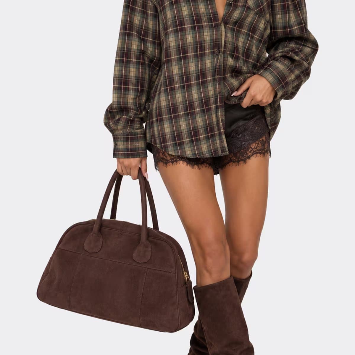 EGO Eddi Oversized Shaped Bag In Brown Faux Suede, Women's Size UK 0