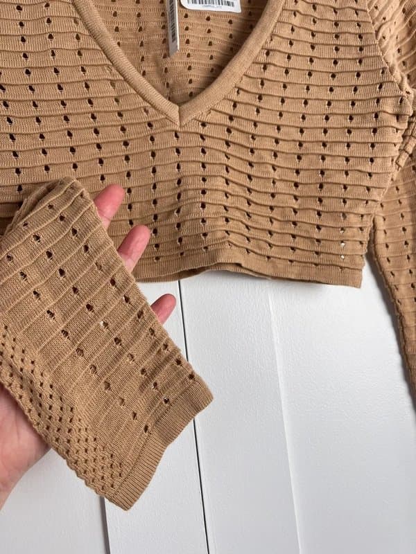 ASOS Women’s ASOS beige tan long sleeve v-neck hole pattern ribbed mesh cropped jumper top