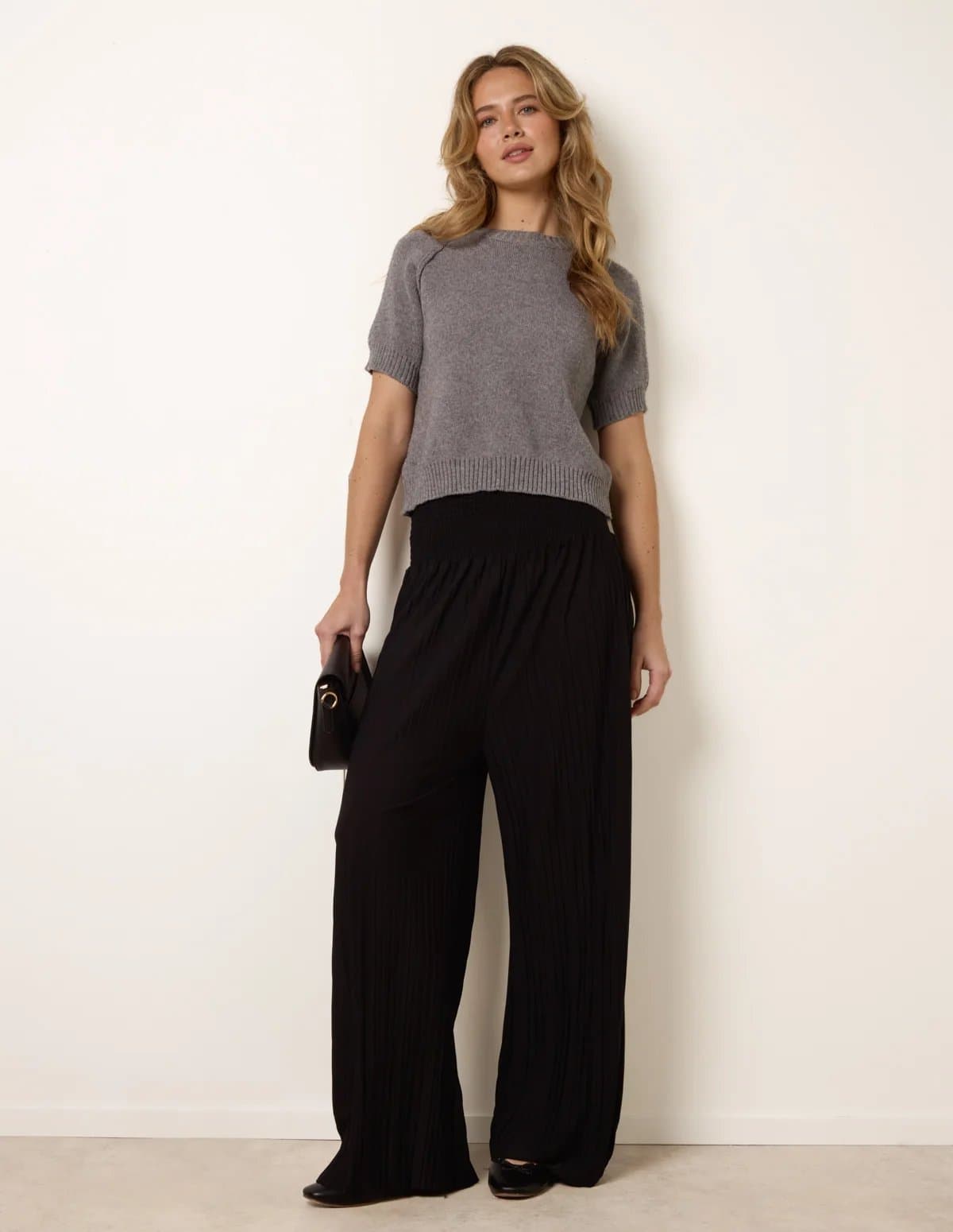 Blue Vanilla Shirred Waist Pleated Wide Leg Trousers