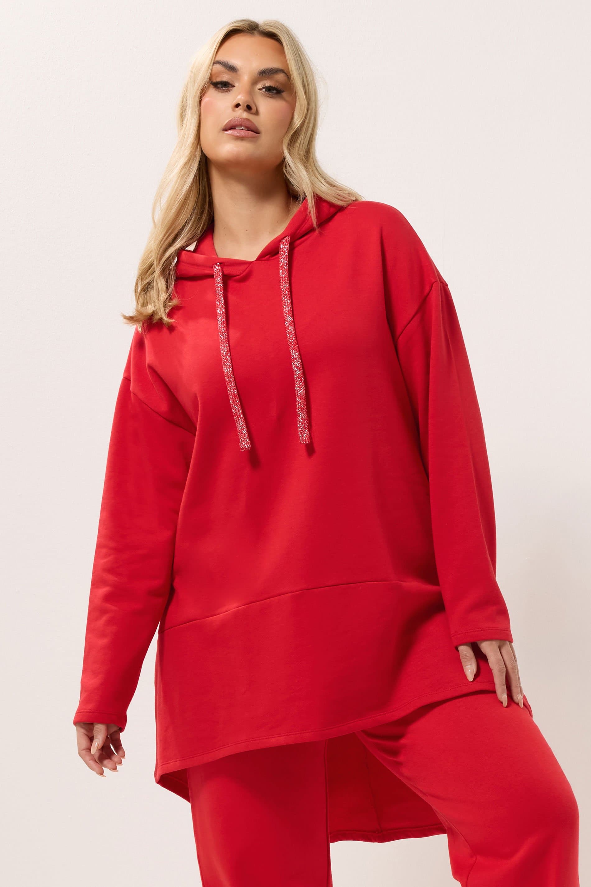 Yours Plus Size Red Metallic Drawstring Longline Hoodie