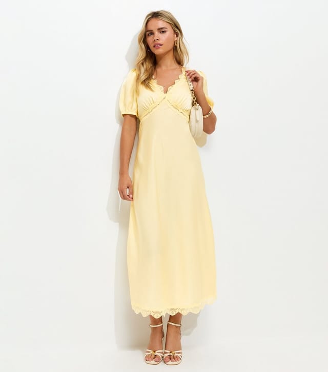 New Look Women's Petite Yellow Lace Trimmed Satin Midi Dress New Look - 2