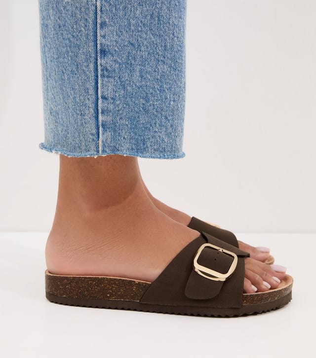 New Look Women's Brown Faux Suede Buckled Strap Mule Sandals Vegan New Look - 2