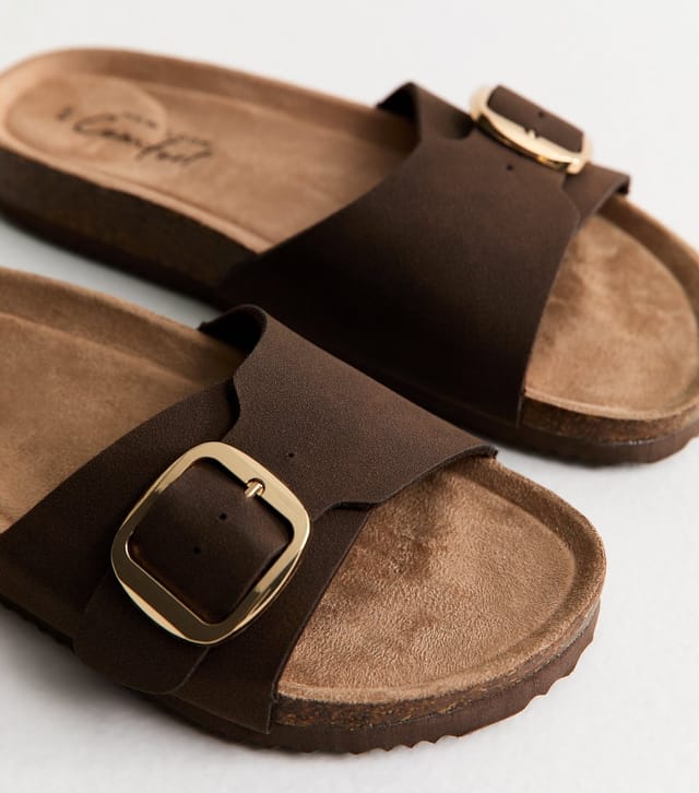New Look Women's Brown Faux Suede Buckled Strap Mule Sandals Vegan New Look - 3