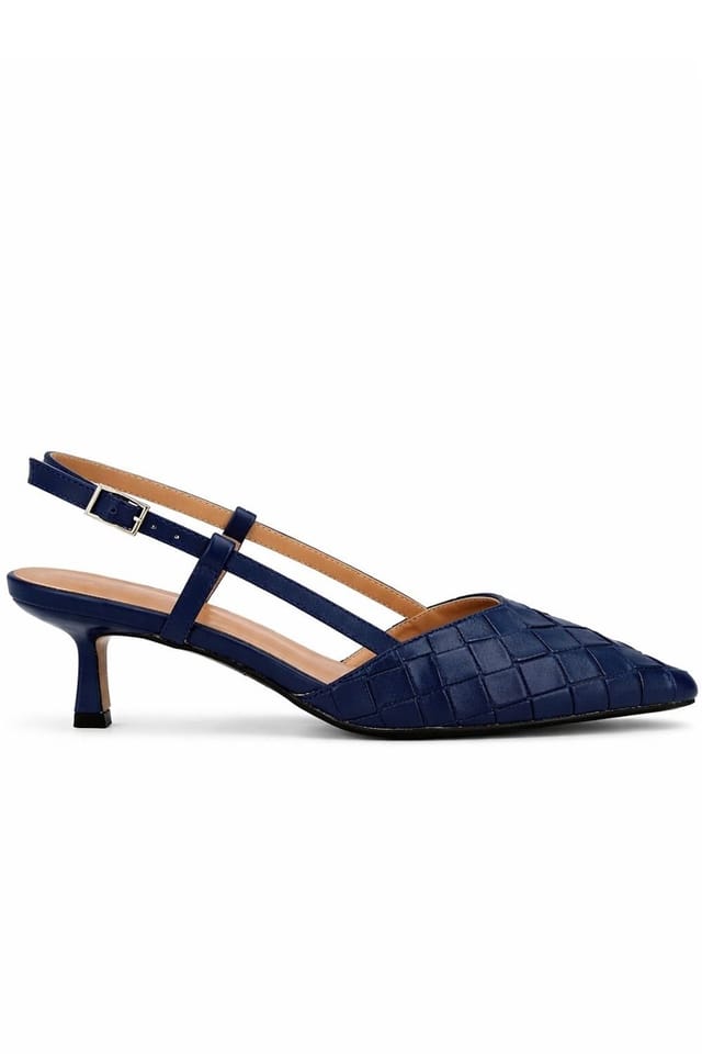 Spot On Spot On Women's Woven Slingback Kitten Heel Shoes with Pointed Toe in Dark Blue - 2