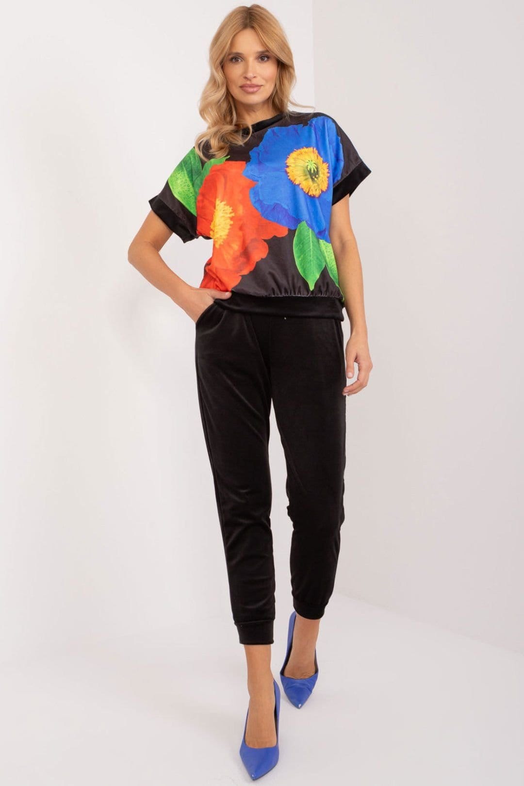 Love Lace Black Velour Blouse & Pants Casual Set
