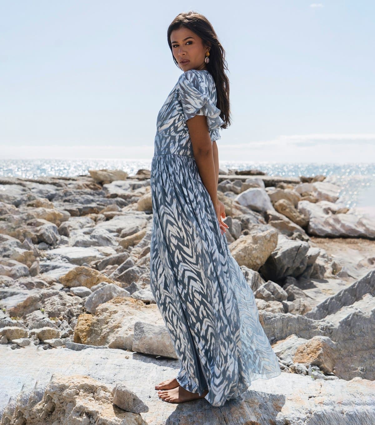 Gini London Women's Blue Metallic Print Maxi Dress Gini London New Look