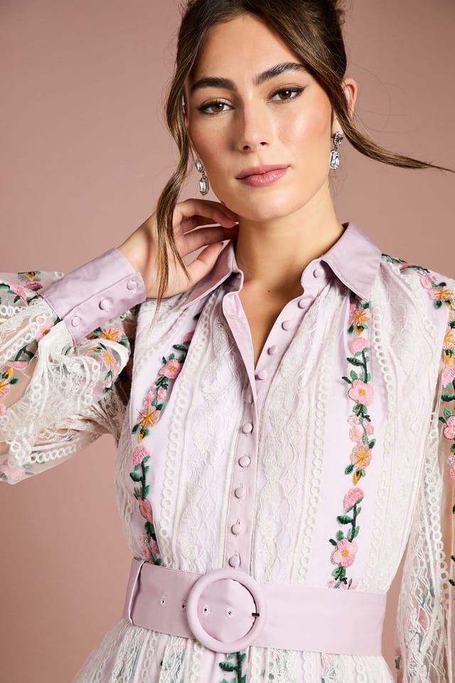 Coast Coast Women's Embroidered Mesh & Lace Blouson Sleeve Belted Midi Dress in Lilac - 2