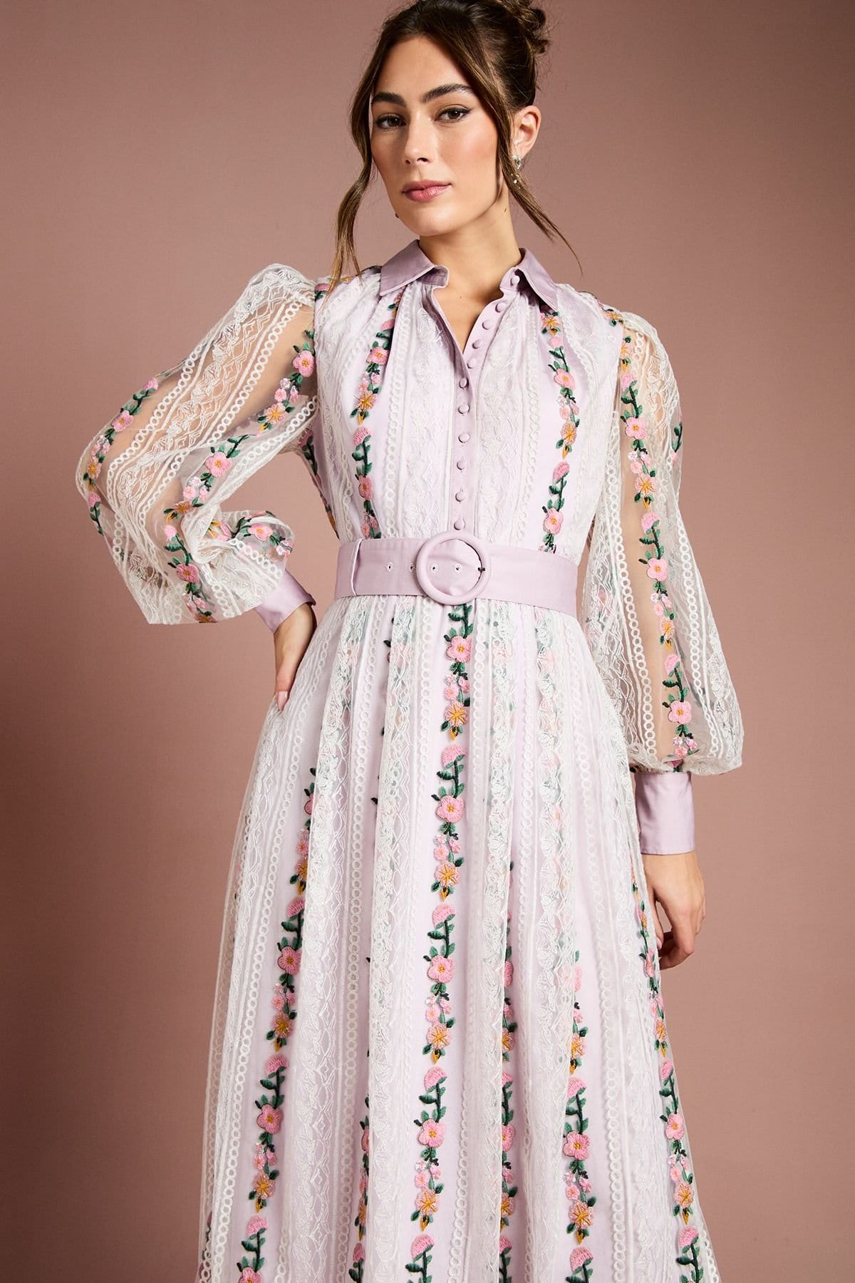 Coast Coast Women's Embroidered Mesh & Lace Blouson Sleeve Belted Midi Dress in Lilac - 4