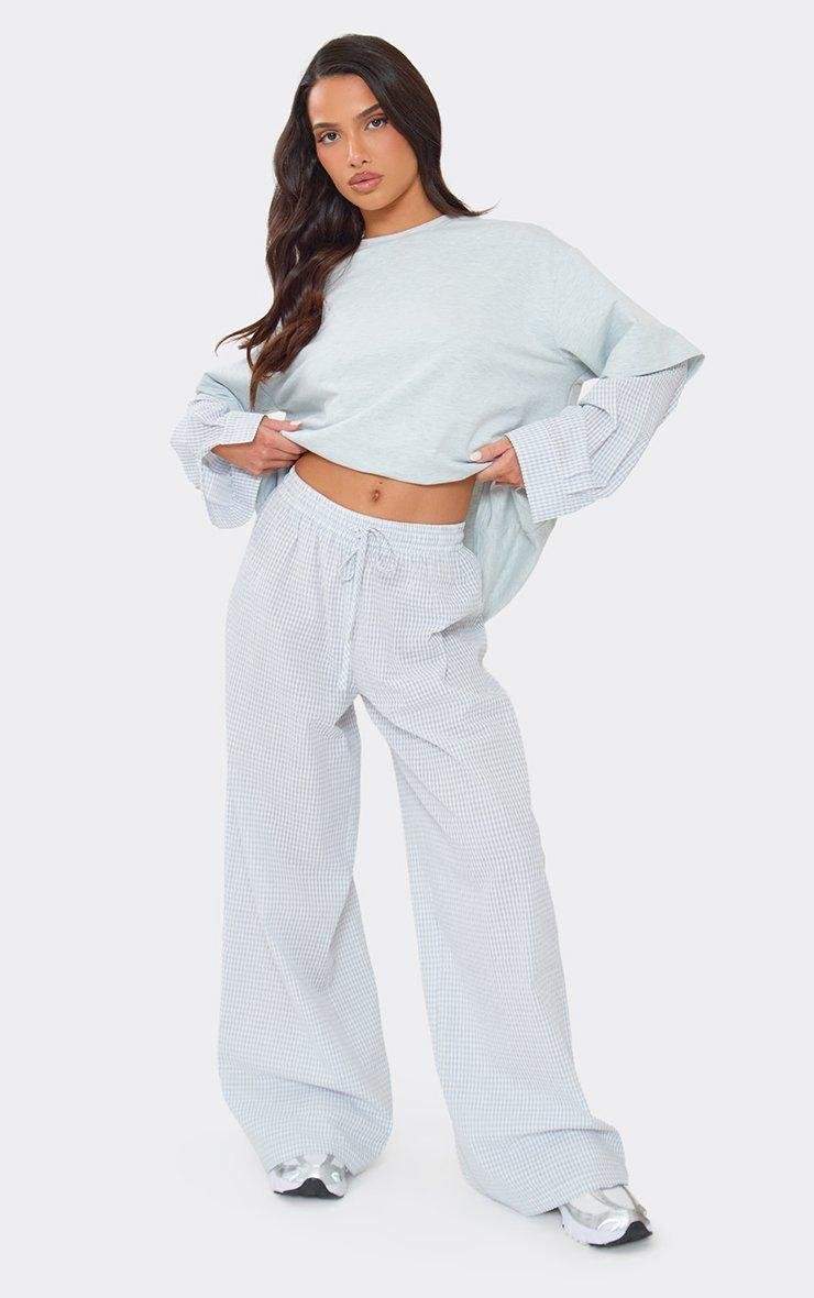 EGO Mid Rise Tie Waist Wide Leg Trousers In Grey Checkered Print, Women's Size UK 6 - 2