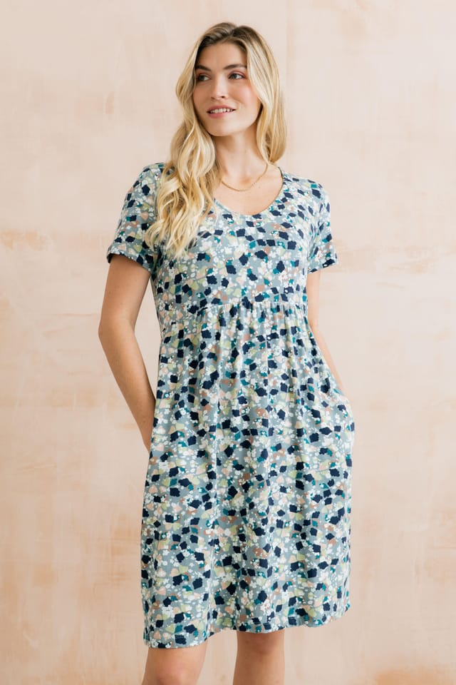 Lily & Me Lily & Me Women's Festival Floral Print Cotton Relaxed Silhouette Dress with Round Neck in Teal - 2