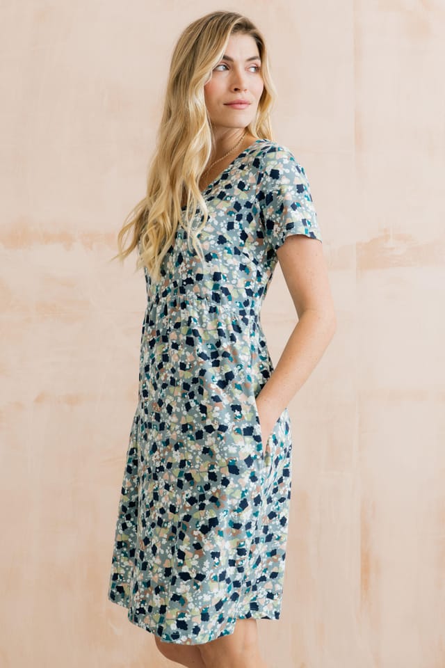 Lily & Me Lily & Me Women's Festival Floral Print Cotton Relaxed Silhouette Dress with Round Neck in Teal - 3