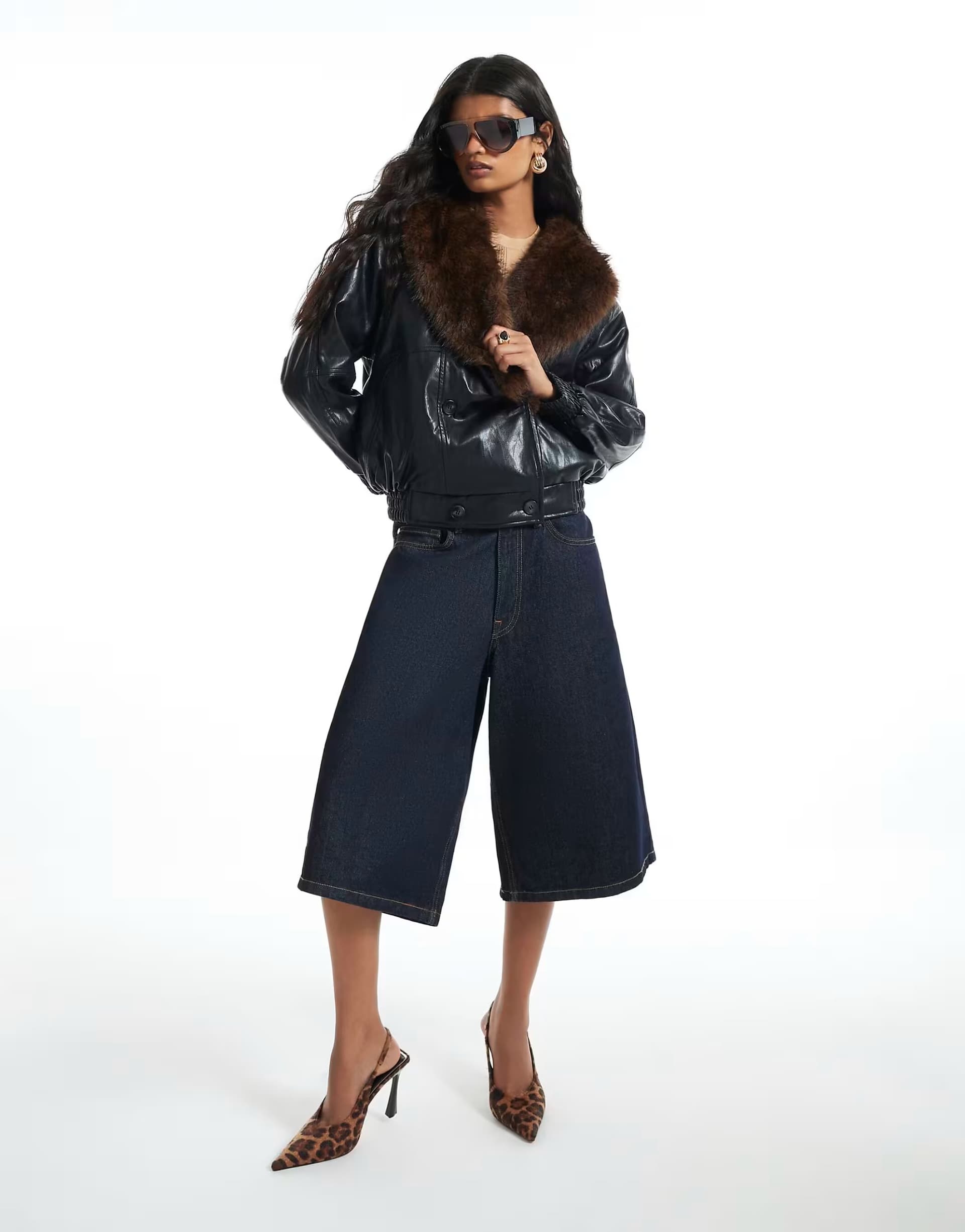 ASOS River Island Faux fur collar padded faux leather jac in black