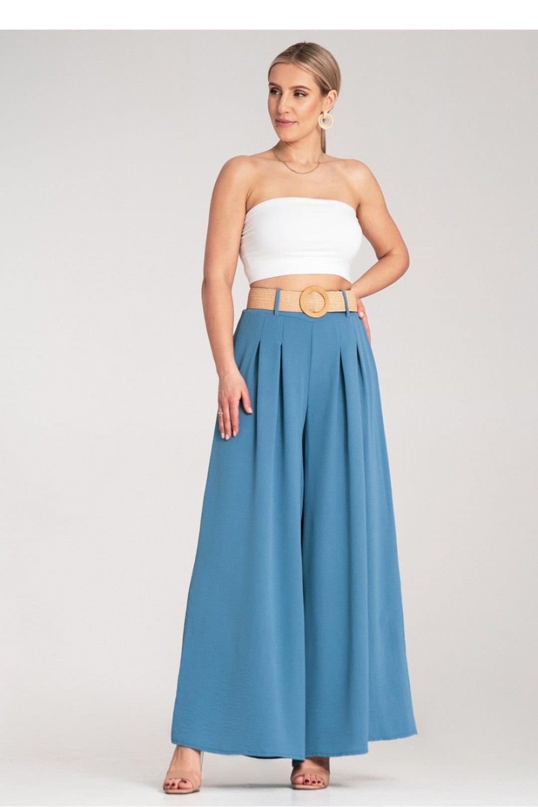 Love Lace Love Lace Women's Wide Leg High Waist Trousers Woven Belt in Blue