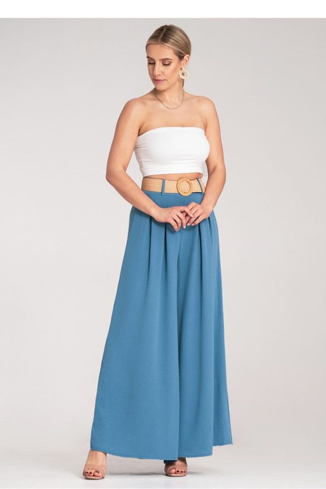 Love Lace Love Lace Women's Wide Leg High Waist Trousers Woven Belt in Blue - 2